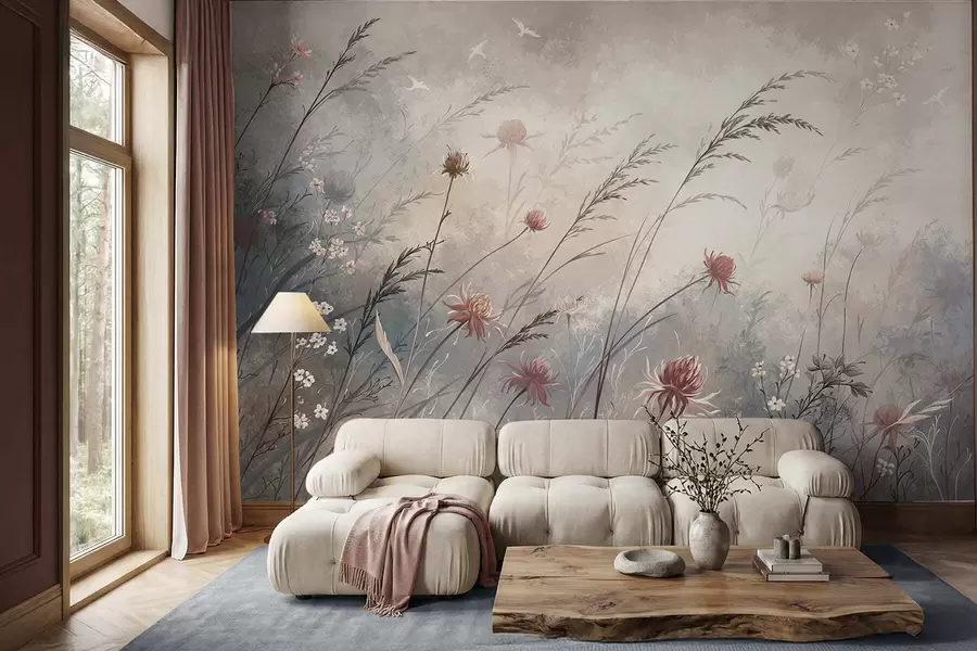 murais de parede Delicadas flores silvestres num cenário enevoado em tons pastel w05538
