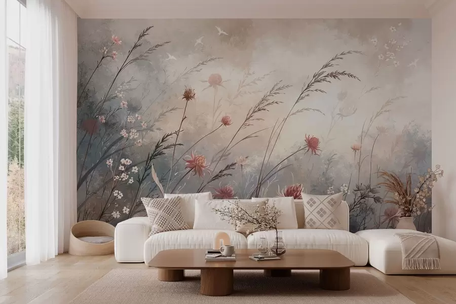 murais de parede Delicadas flores silvestres num cenário enevoado em tons pastel w05538