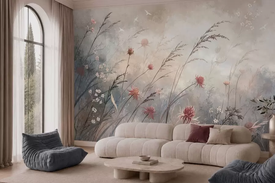murais de parede Delicadas flores silvestres num cenário enevoado em tons pastel w05538