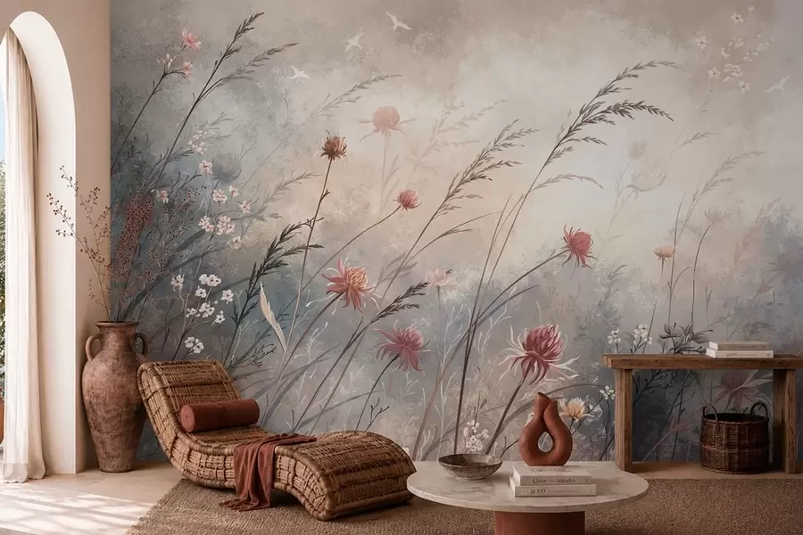 murais de parede Delicadas flores silvestres num cenário enevoado em tons pastel w05538