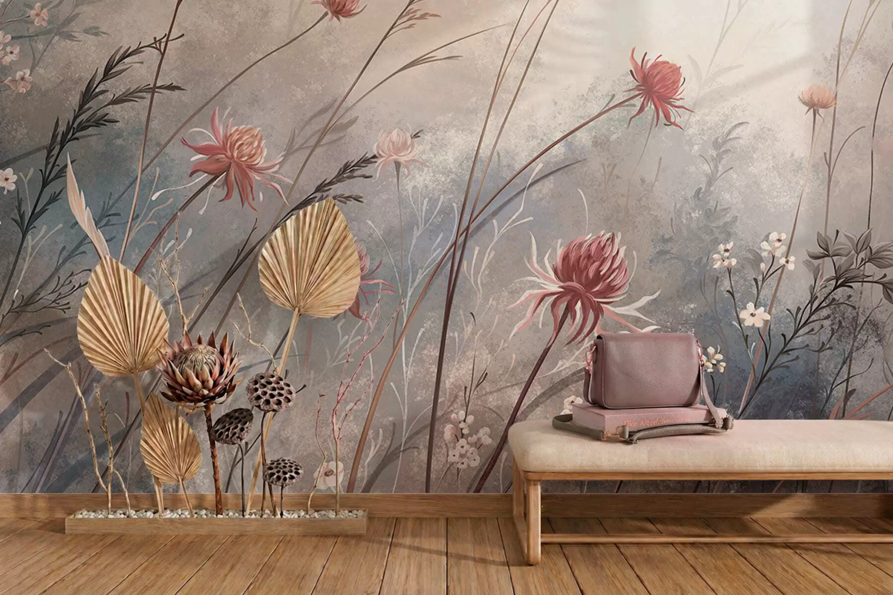 murais de parede Delicadas flores silvestres num cenário enevoado em tons pastel w05538