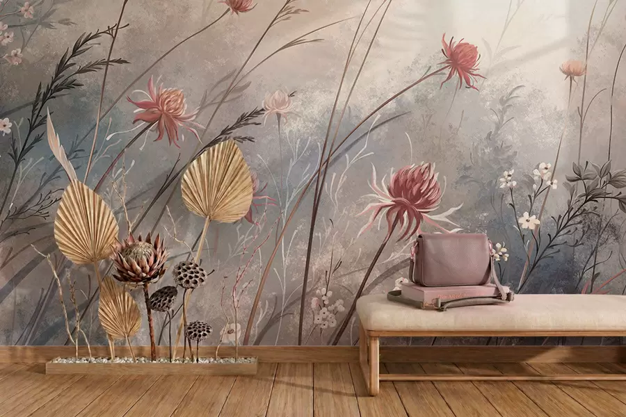 murais de parede Delicadas flores silvestres num cenário enevoado em tons pastel w05538