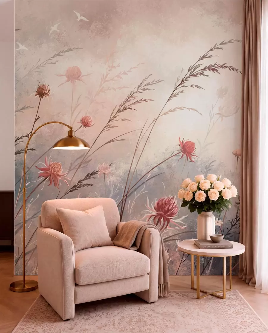 murais de parede Delicadas flores silvestres num cenário enevoado em tons pastel w05538