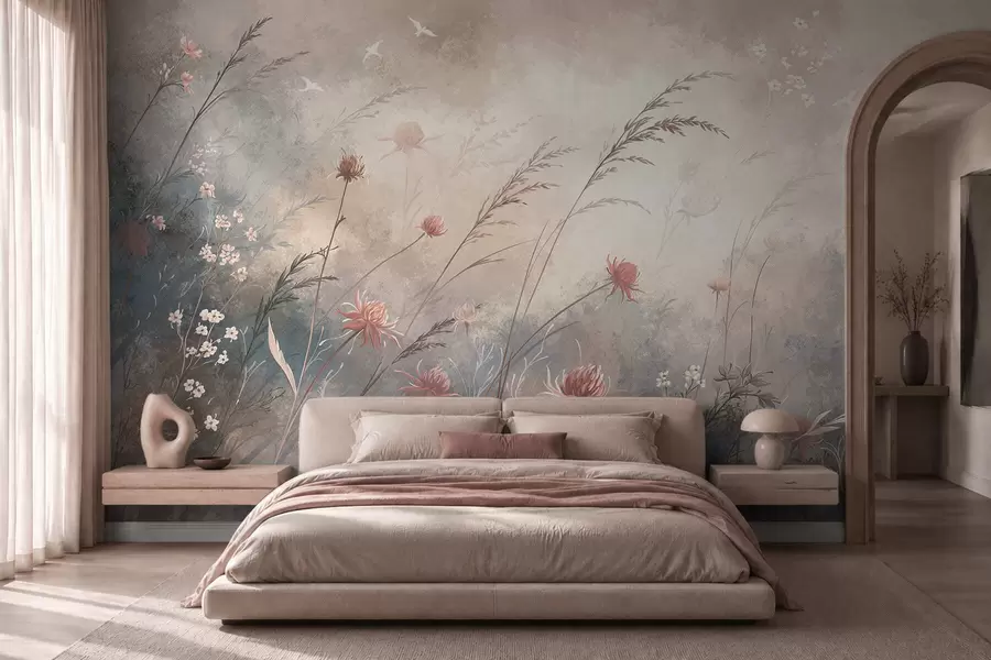 murais de parede Flores silvestres em tons pastel sobre um fundo suave e desfocado w05538v1