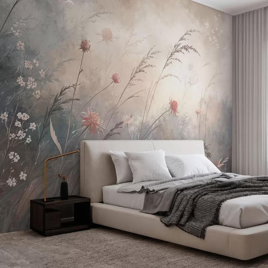 murais de parede Flores silvestres em tons pastel sobre um fundo suave e desfocado w05538v1
