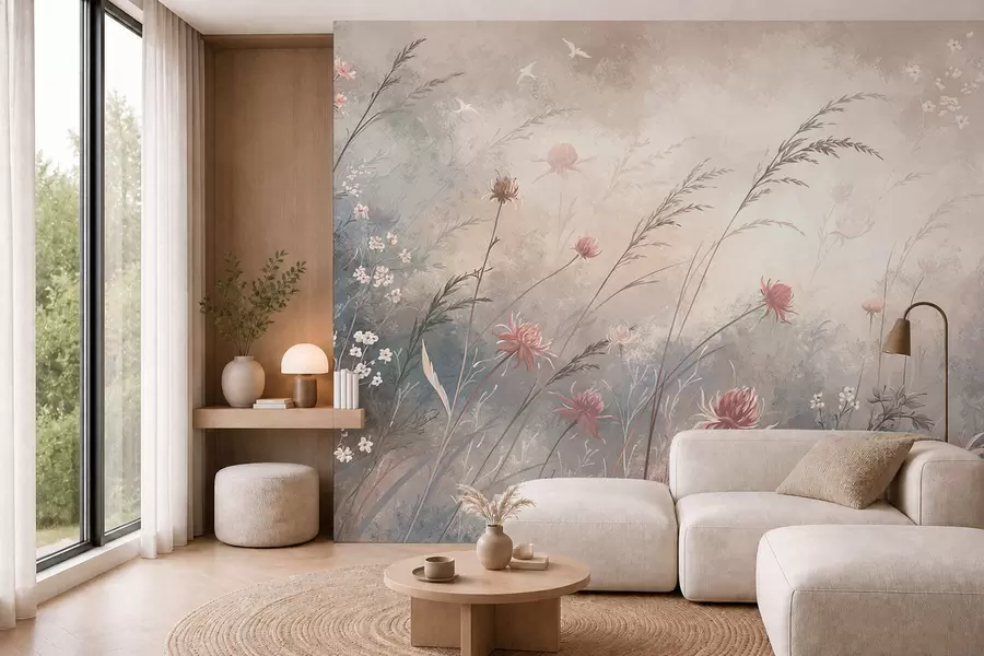 murais de parede Flores silvestres em tons pastel sobre um fundo suave e desfocado w05538v1