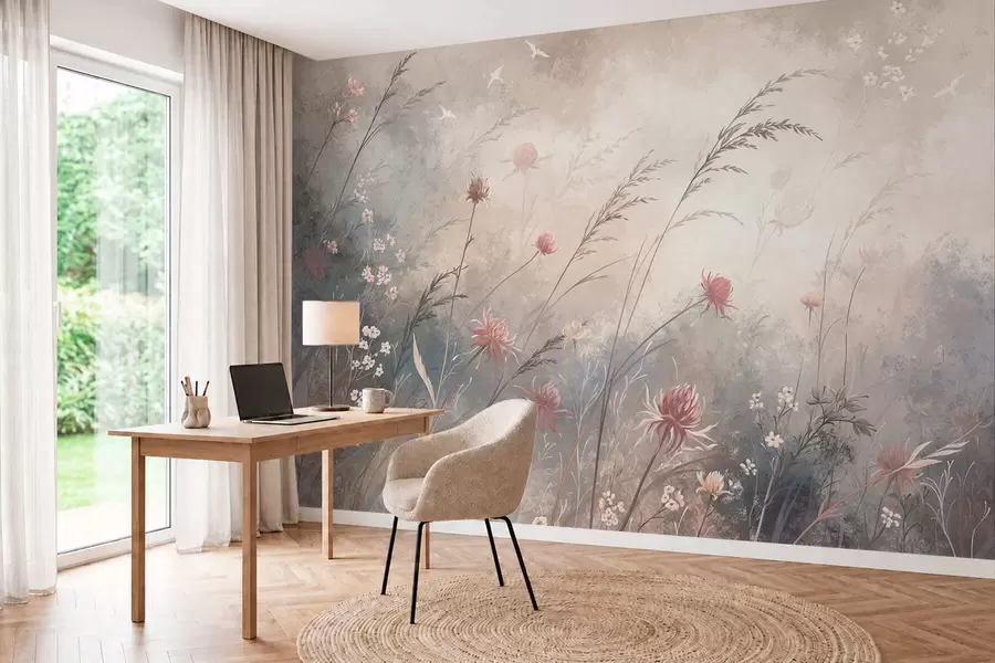 murais de parede Flores silvestres em tons pastel sobre um fundo suave e desfocado w05538v1
