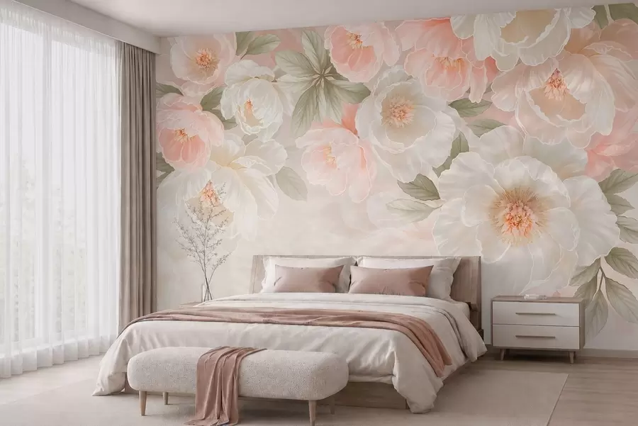 murais de parede Flores grandes e delicadas em tons de rosa e creme w05540