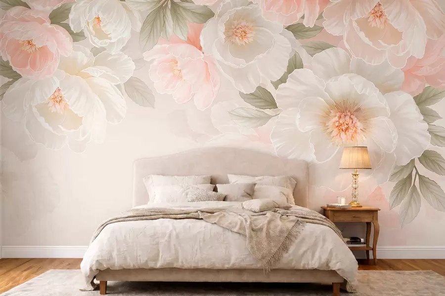 murais de parede Flores grandes e delicadas em tons de rosa e creme w05540