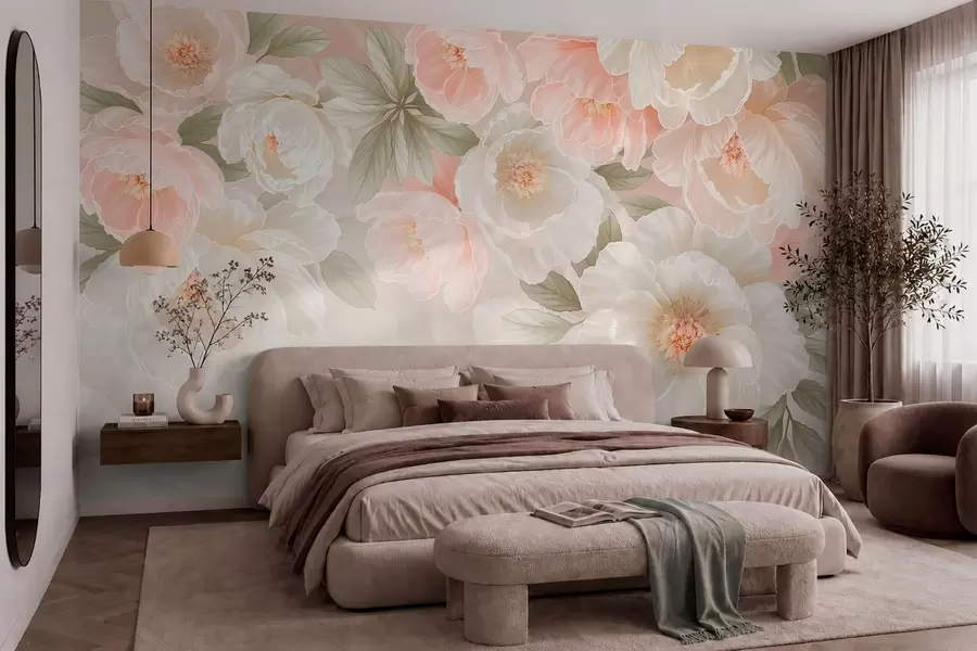 murais de parede Flores grandes e delicadas em tons de rosa e creme w05540
