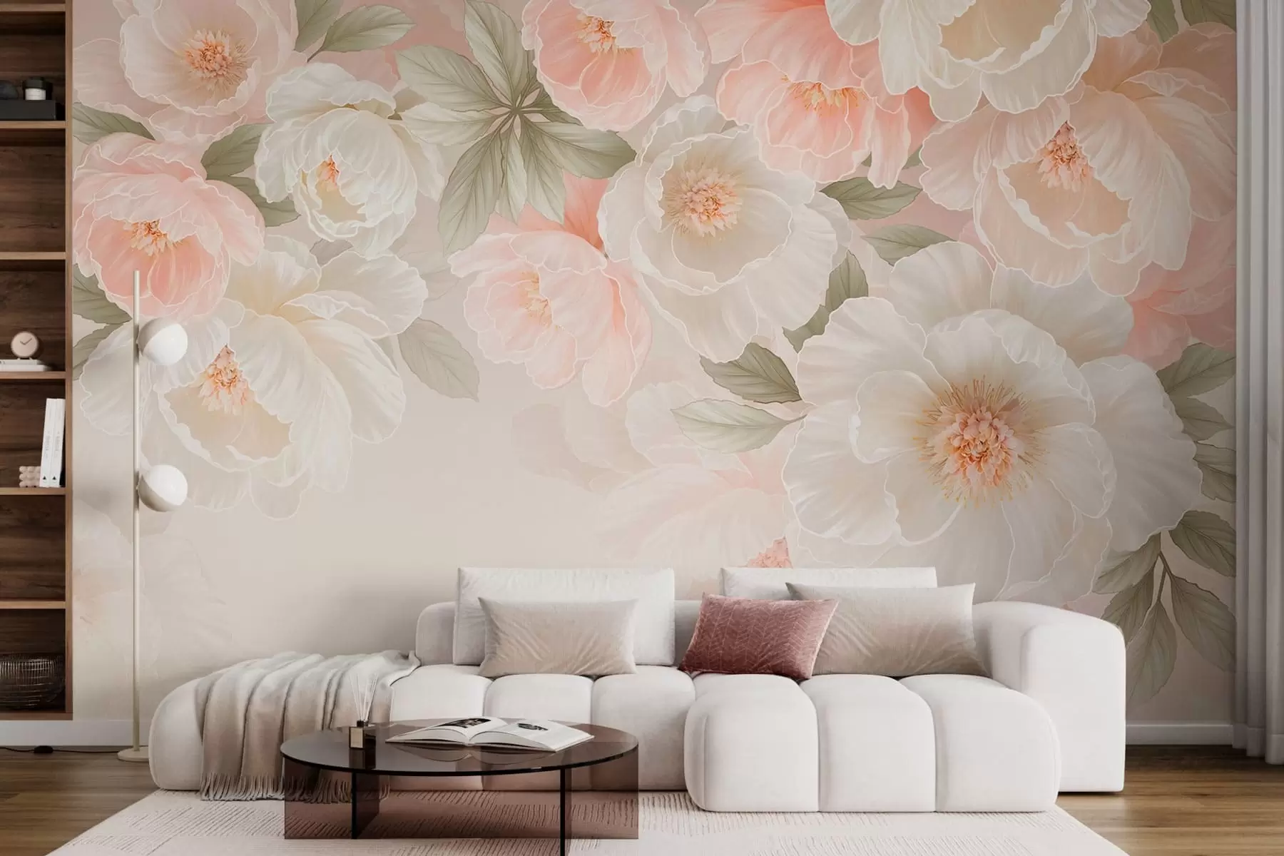 murais de parede Flores grandes e delicadas em tons de rosa e creme w05540