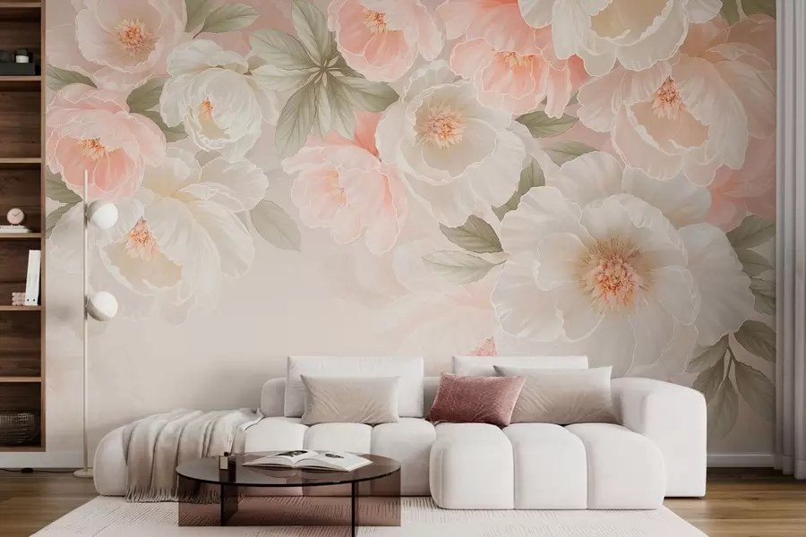 murais de parede Flores grandes e delicadas em tons de rosa e creme w05540