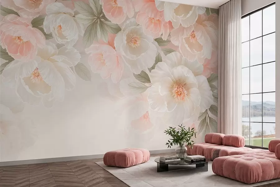 murais de parede Flores grandes e delicadas em tons de rosa e creme w05540