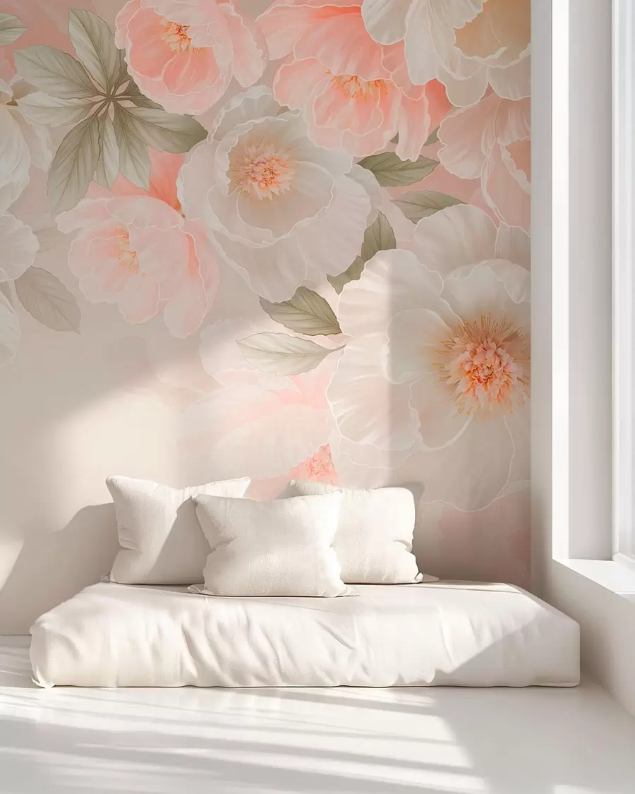 murais de parede Flores grandes e delicadas em tons de rosa e creme w05540