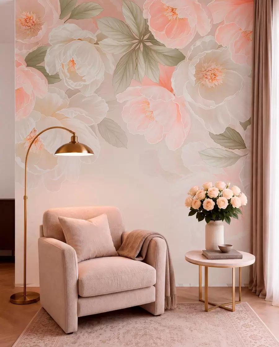 murais de parede Flores grandes e delicadas em tons de rosa e creme w05540