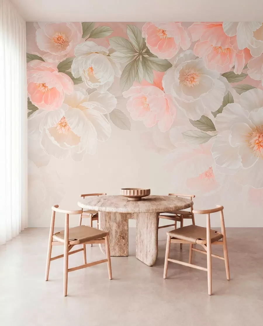 murais de parede Flores grandes e delicadas em tons de rosa e creme w05540