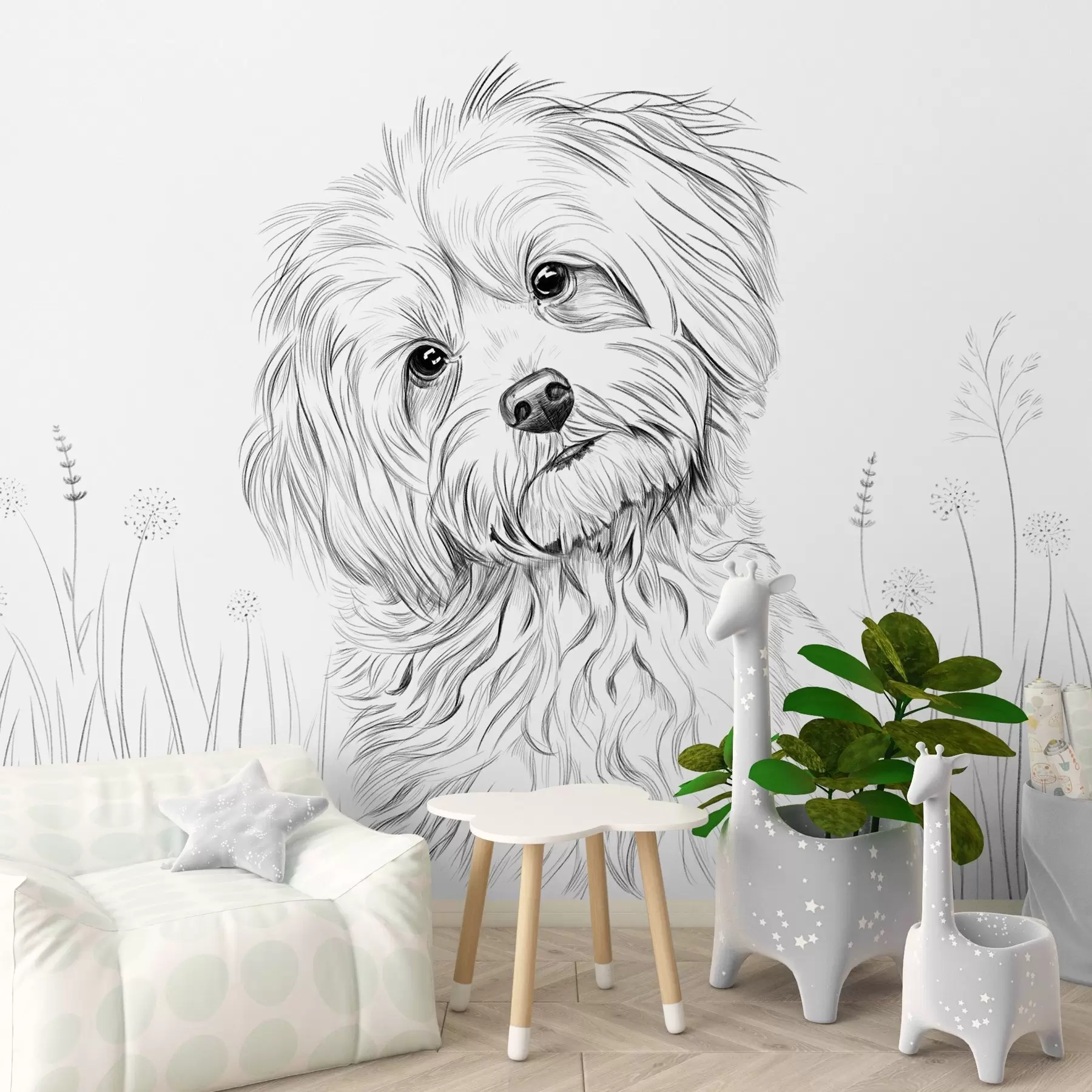 murais de parede Um desenho giro de um cão na relva w05656