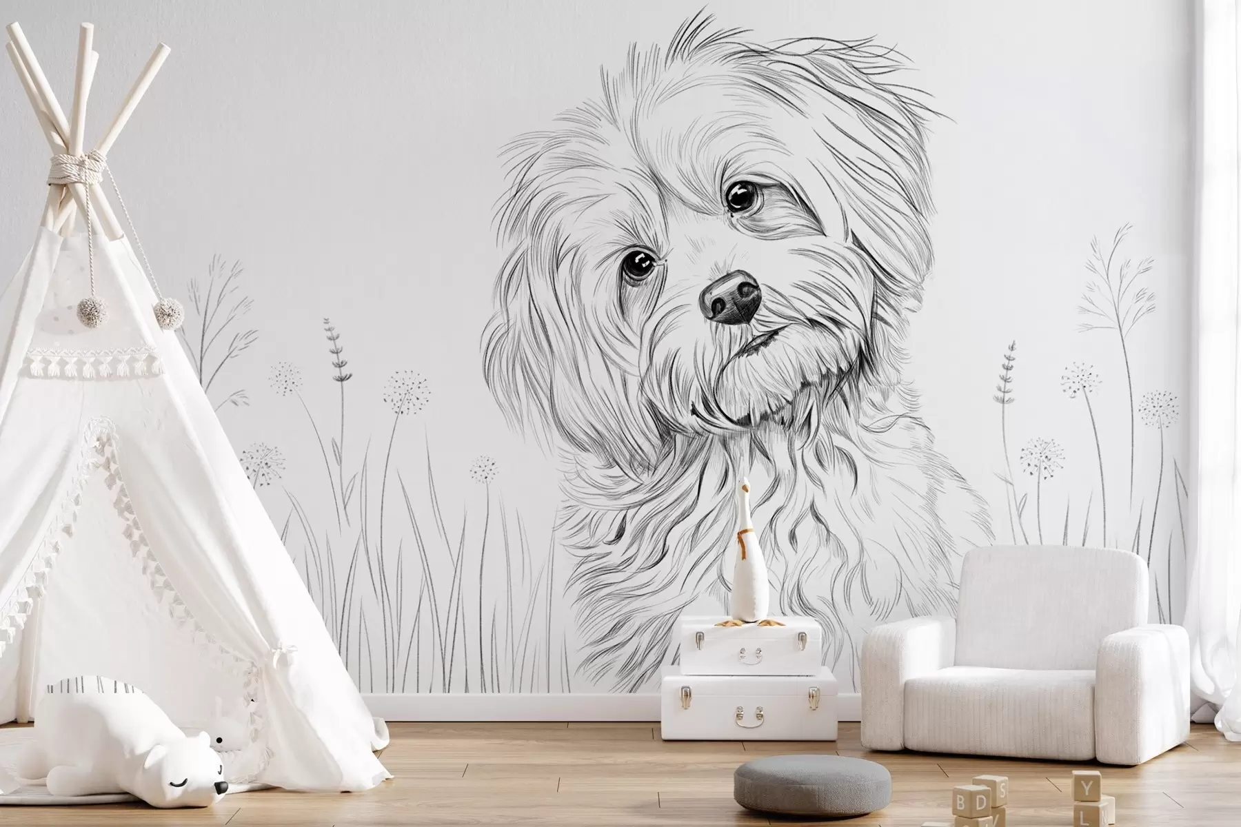 murais de parede Um desenho giro de um cão na relva w05656