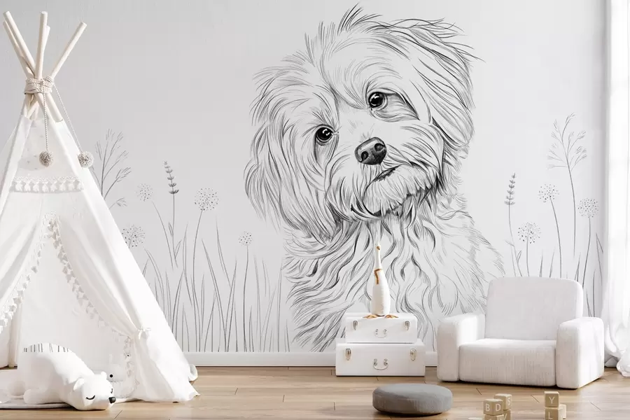 murais de parede Um desenho giro de um cão na relva w05656