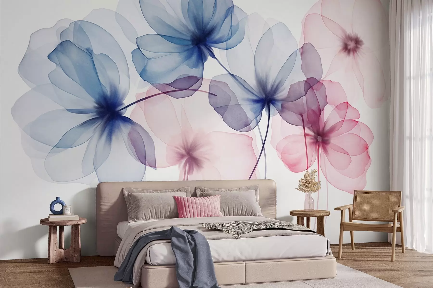 murais de parede Flores azuis e cor-de-rosa translúcidas e texturadas sobre um fundo claro, com pétalas delicadas sobrepostas w09892
