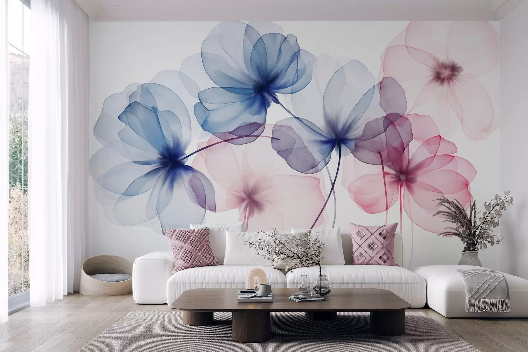 murais de parede Flores azuis e cor-de-rosa translúcidas e texturadas sobre um fundo claro, com pétalas delicadas sobrepostas w09892