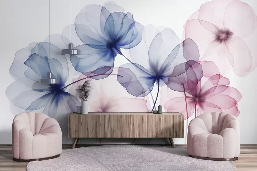 murais de parede Flores azuis e cor-de-rosa translúcidas e texturadas sobre um fundo claro, com pétalas delicadas sobrepostas w09892