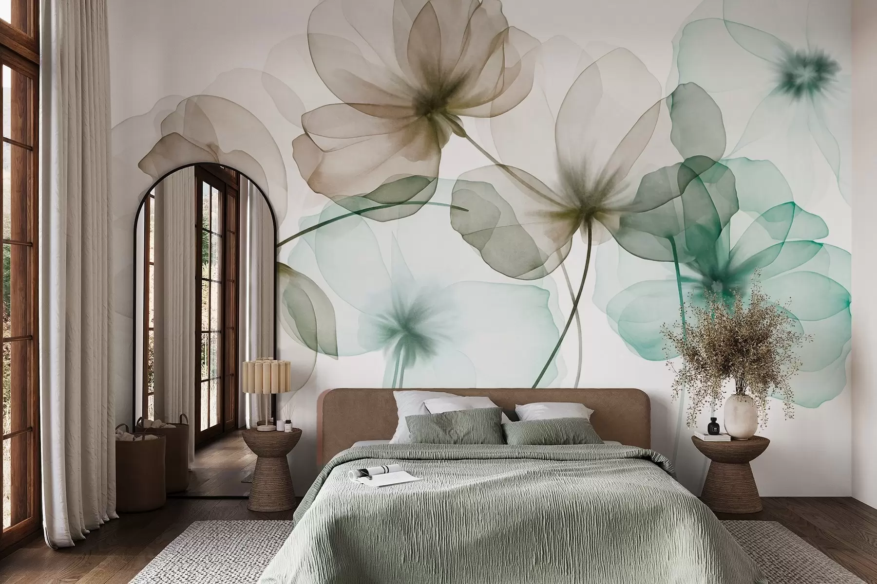murais de parede Flores verdes e castanhas com textura translúcida sobre um fundo claro, com pétalas delicadas sobrepostas w09892v1
