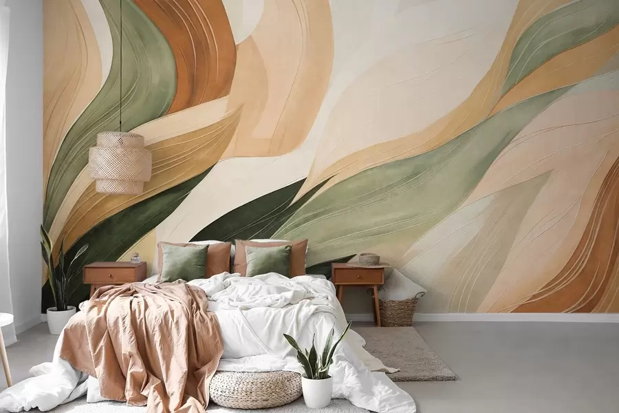 murais de parede Formas orgânicas abstratas em tons terrosos de verde, castanho e bege, com texturas fluidas w09894