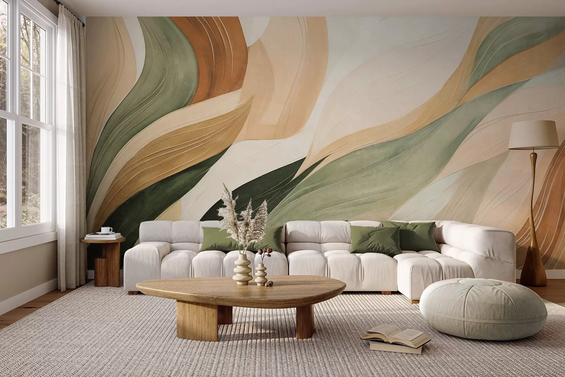 murais de parede Formas orgânicas abstratas em tons terrosos de verde, castanho e bege, com texturas fluidas w09894