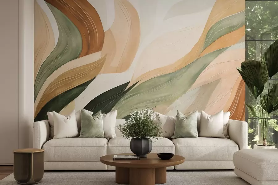 murais de parede Formas orgânicas abstratas em tons terrosos de verde, castanho e bege, com texturas fluidas w09894