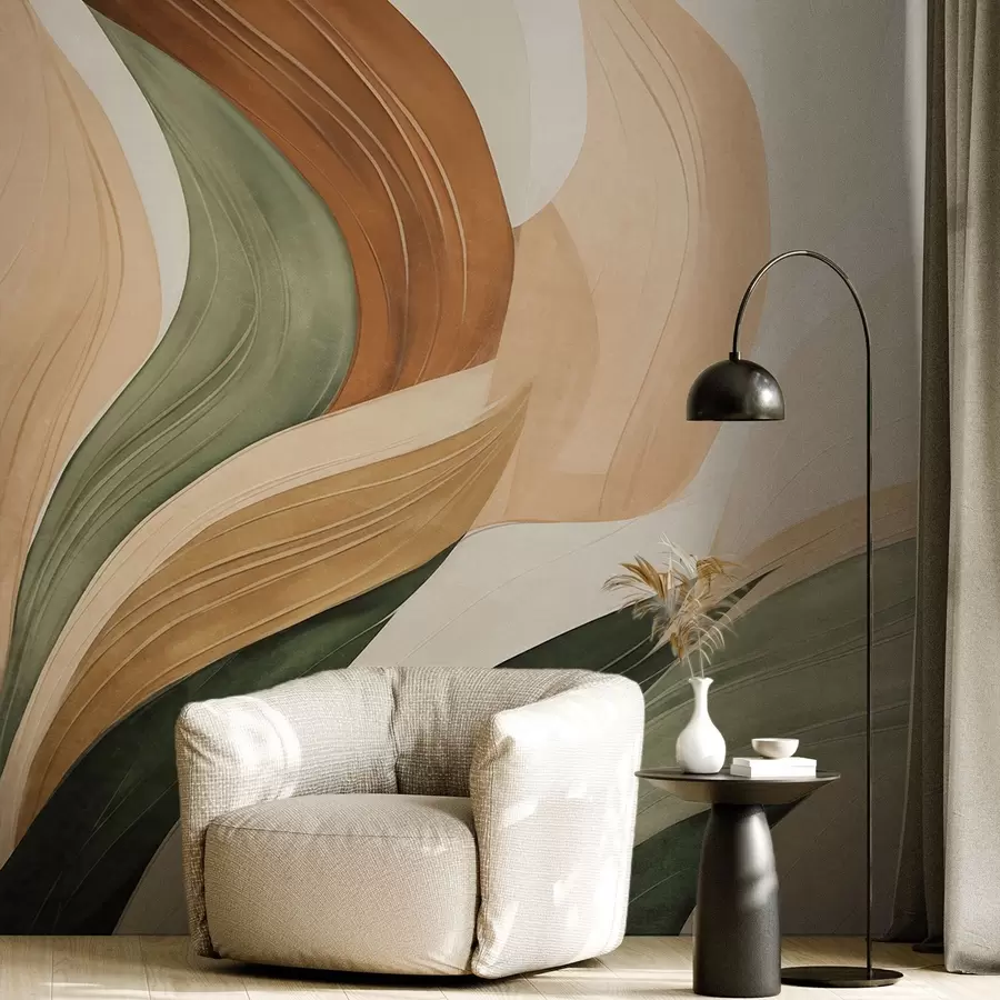 murais de parede Formas orgânicas abstratas em tons terrosos de verde, castanho e bege, com texturas fluidas w09894