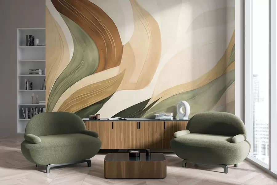 murais de parede Formas orgânicas abstratas em tons terrosos de verde, castanho e bege, com texturas fluidas w09894