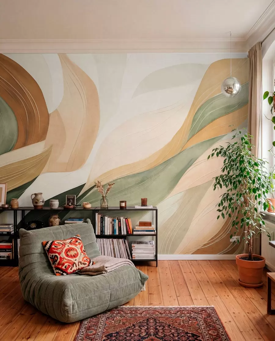 murais de parede Formas orgânicas abstratas em tons terrosos de verde, castanho e bege, com texturas fluidas w09894