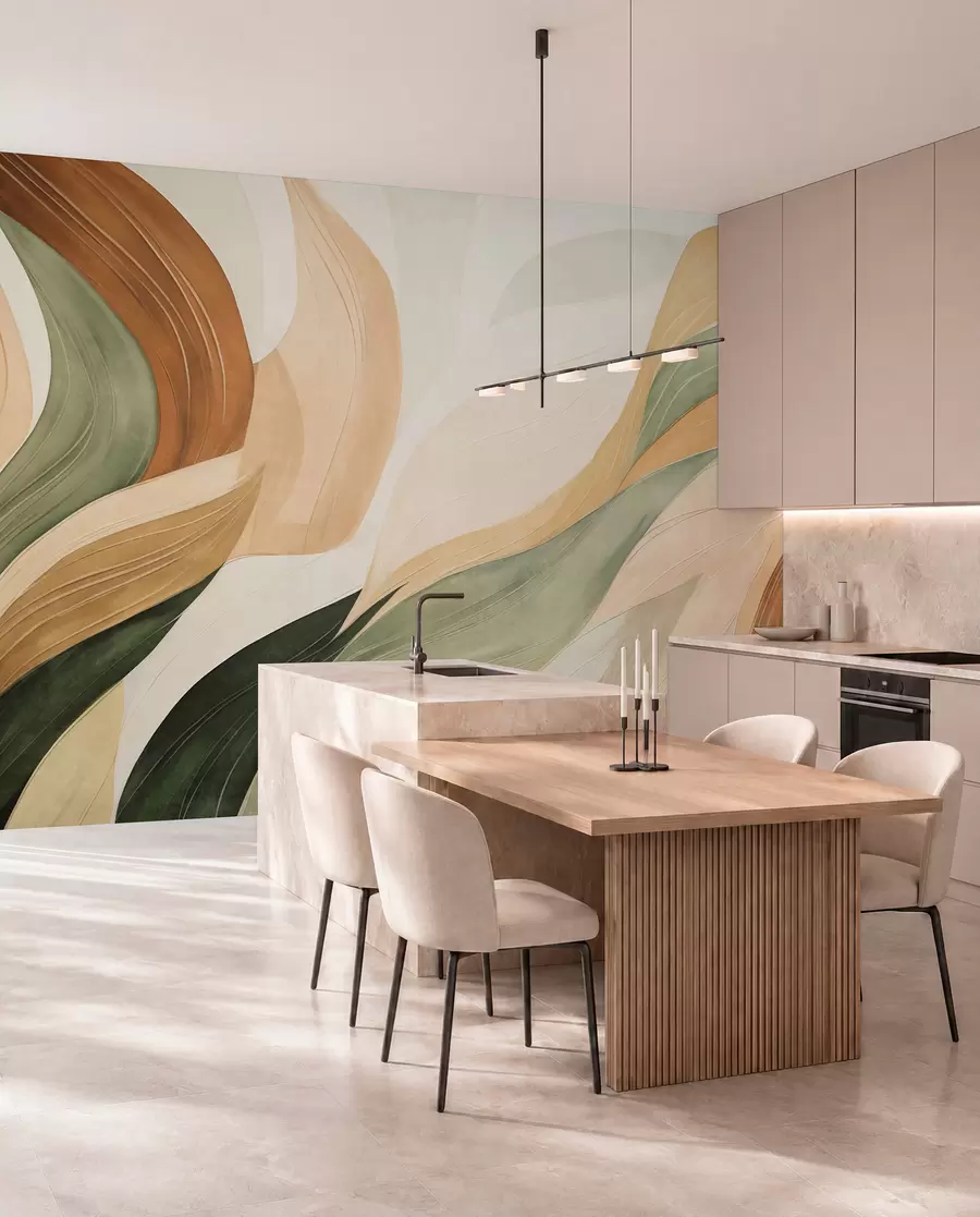 murais de parede Formas orgânicas abstratas em tons terrosos de verde, castanho e bege, com texturas fluidas w09894