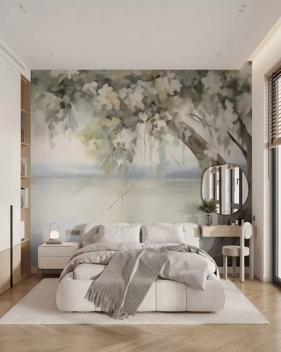 murais de parede Pintura que imita uma árvore junto ao lago w05670