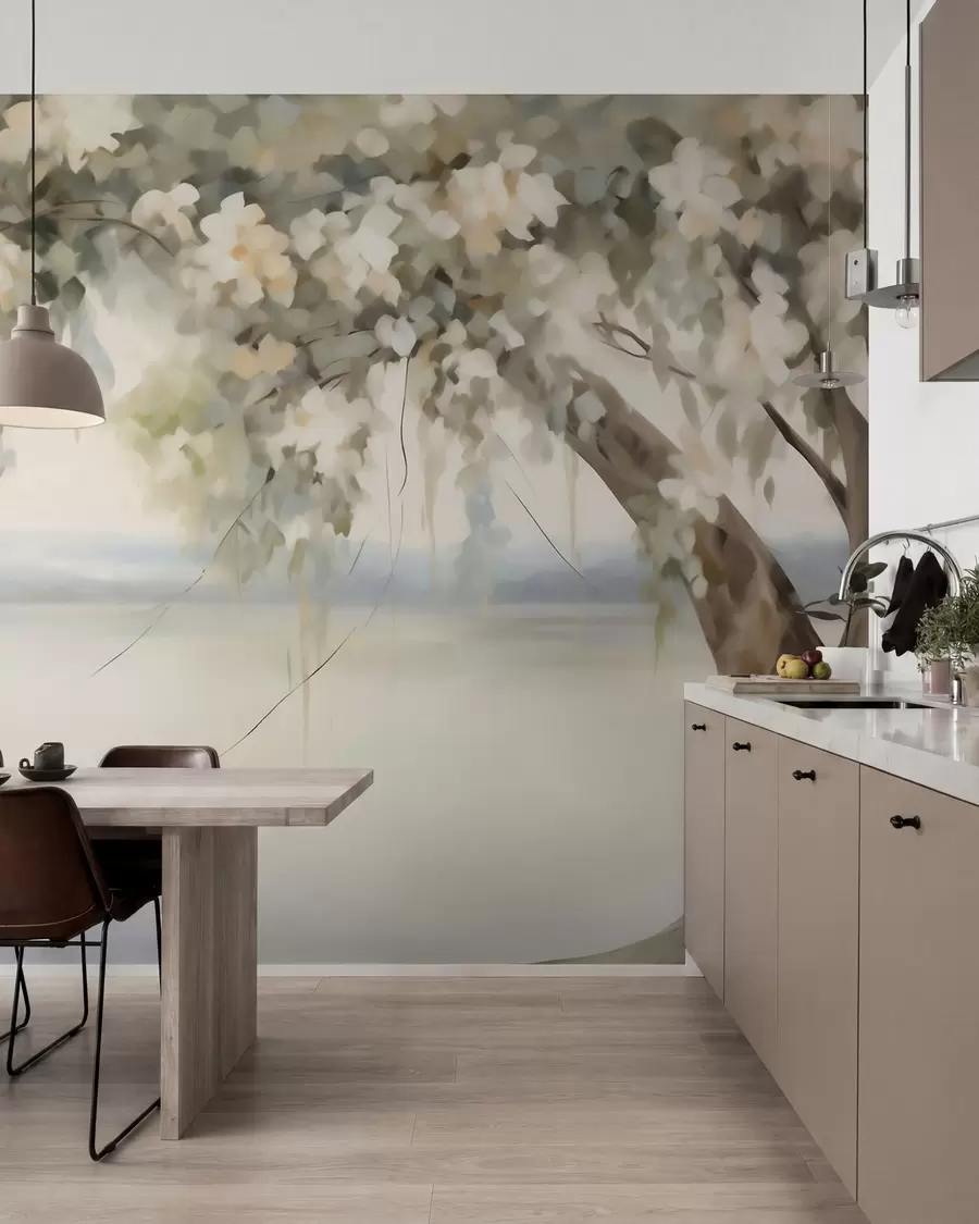 murais de parede Pintura que imita uma árvore junto ao lago w05670