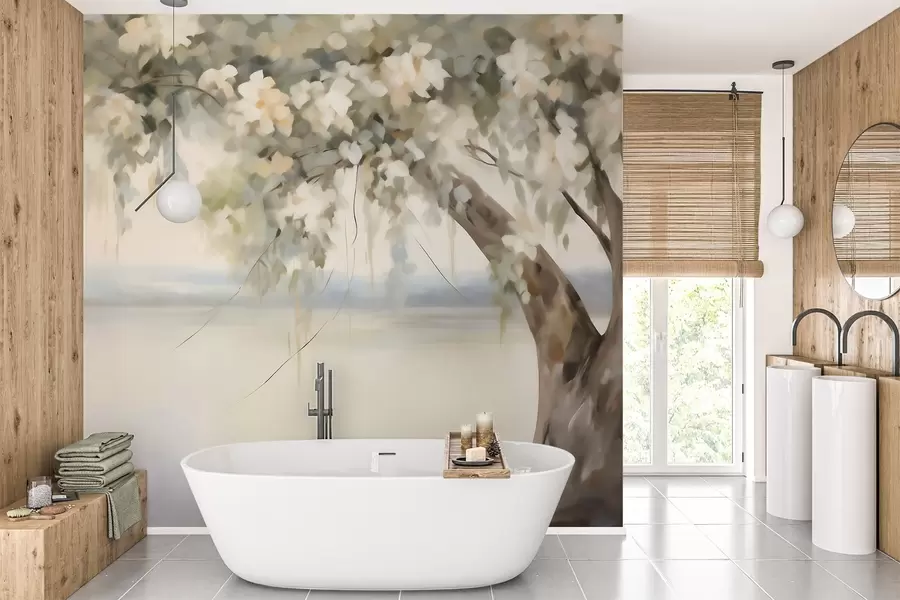 murais de parede Pintura que imita uma árvore junto ao lago w05670