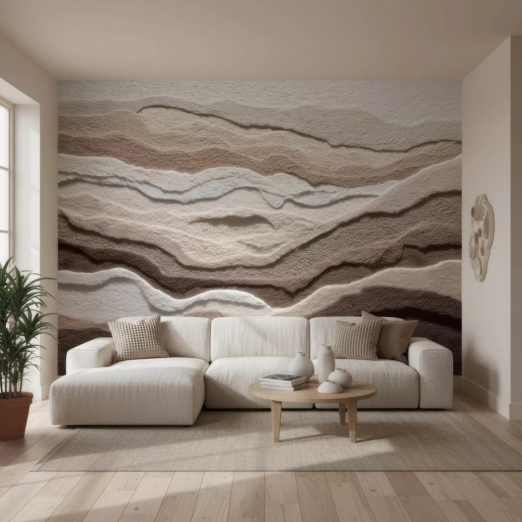 murais de parede Mural texturado com formações de areia em camadas numa paleta de tons bege quentes w09807