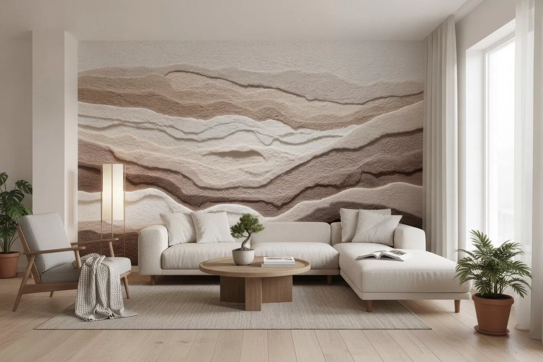 murais de parede Mural texturado com formações de areia em camadas numa paleta de tons bege quentes w09807