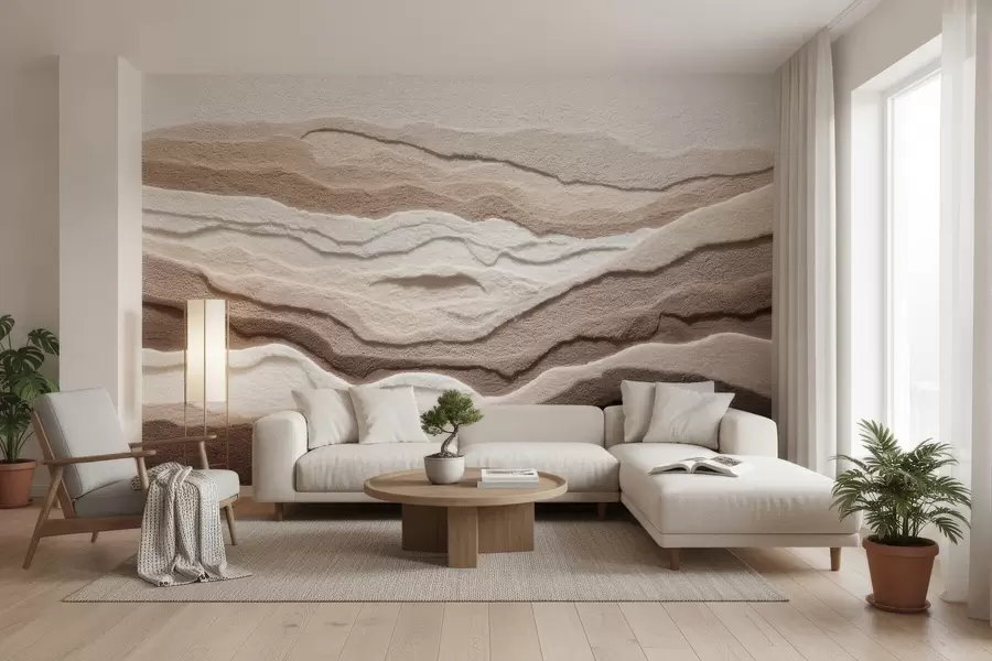 murais de parede Mural texturado com formações de areia em camadas numa paleta de tons bege quentes w09807