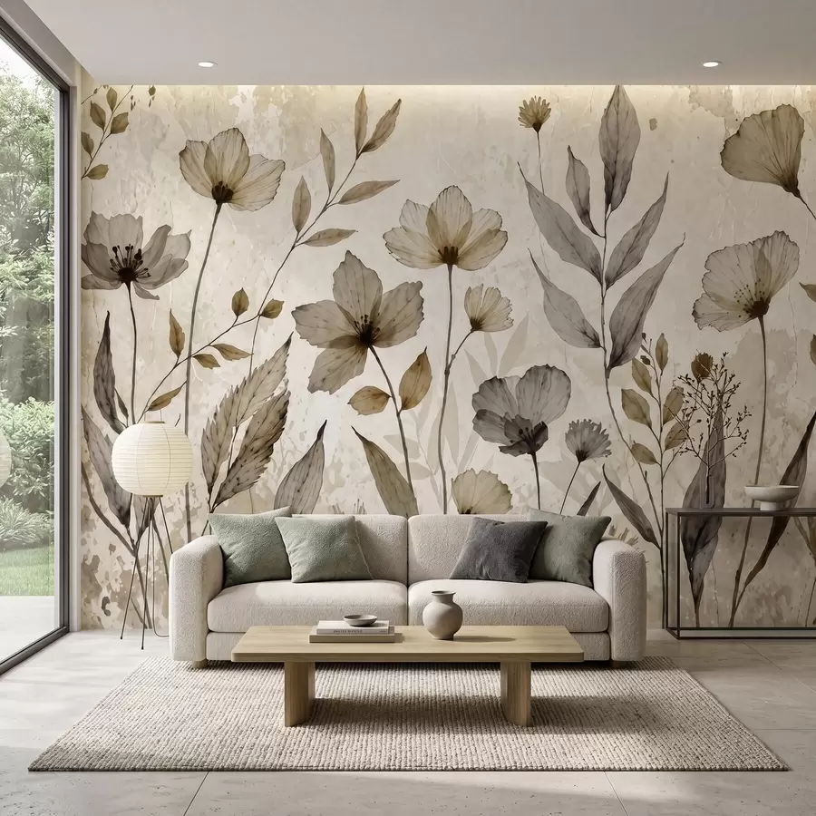 murais de parede Delicadas flores silvestres pintadas em aguarela numa suave paleta de tons bege e creme w09875