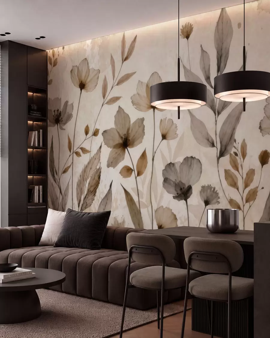 murais de parede Delicadas flores silvestres pintadas em aguarela numa suave paleta de tons bege e creme w09875