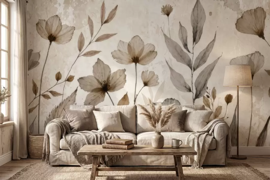 murais de parede Delicadas flores silvestres pintadas em aguarela numa suave paleta de tons bege e creme w09875
