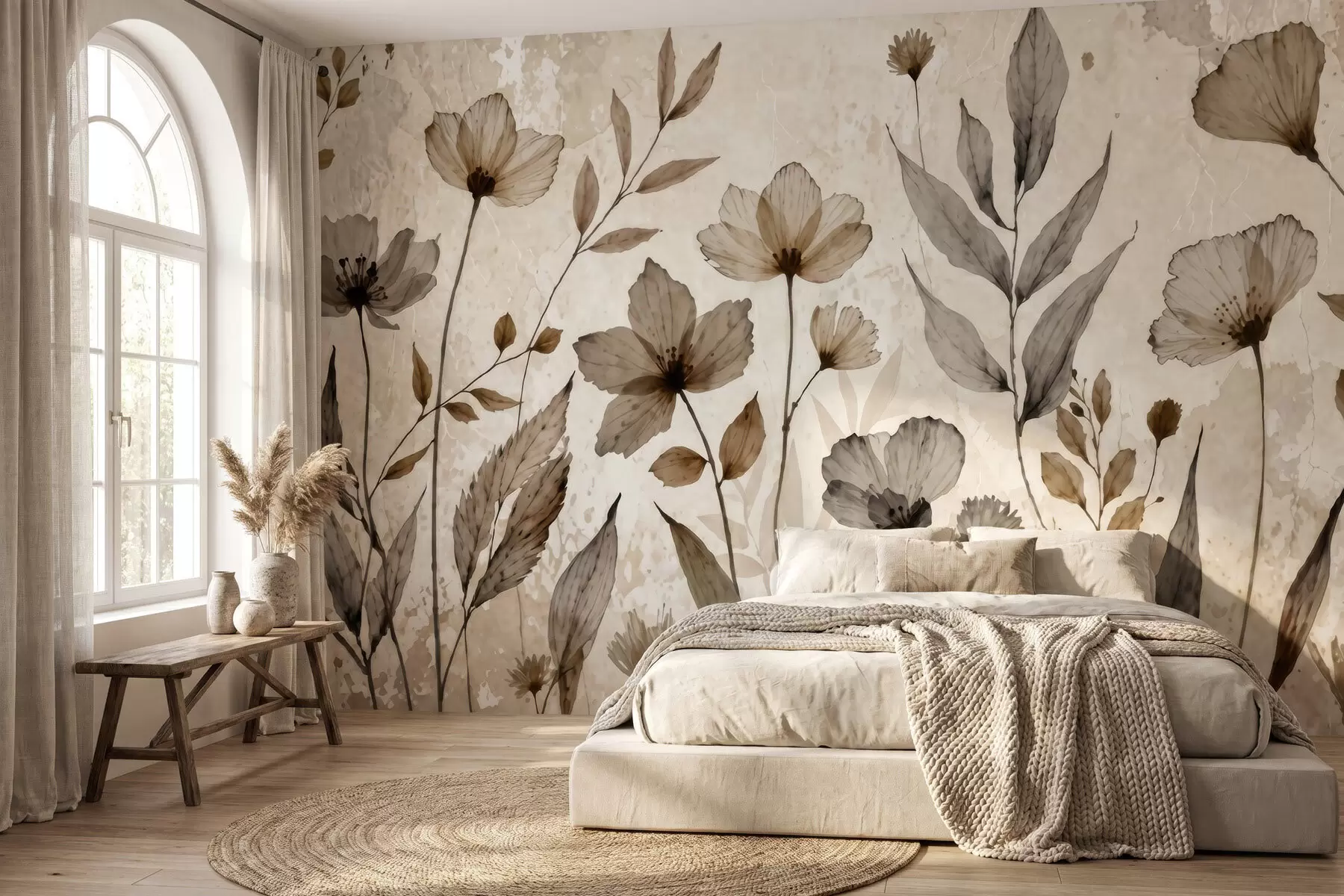 murais de parede Delicadas flores silvestres pintadas em aguarela numa suave paleta de tons bege e creme w09875