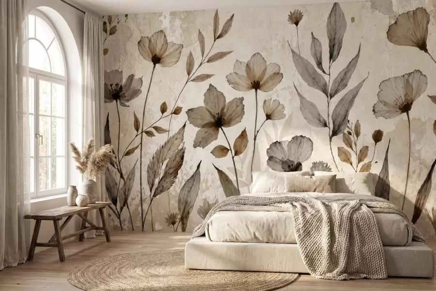 murais de parede Delicadas flores silvestres pintadas em aguarela numa suave paleta de tons bege e creme w09875