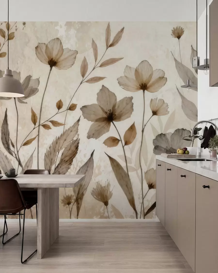 murais de parede Delicadas flores silvestres pintadas em aguarela numa suave paleta de tons bege e creme w09875