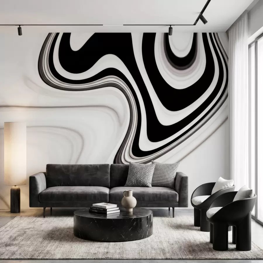 murais de parede Mural abstrato com ondas fluidas a preto e branco num estilo minimalista moderno w09877