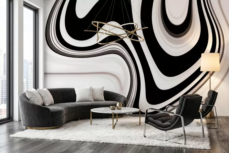 murais de parede Mural abstrato com ondas fluidas a preto e branco num estilo minimalista moderno w09877