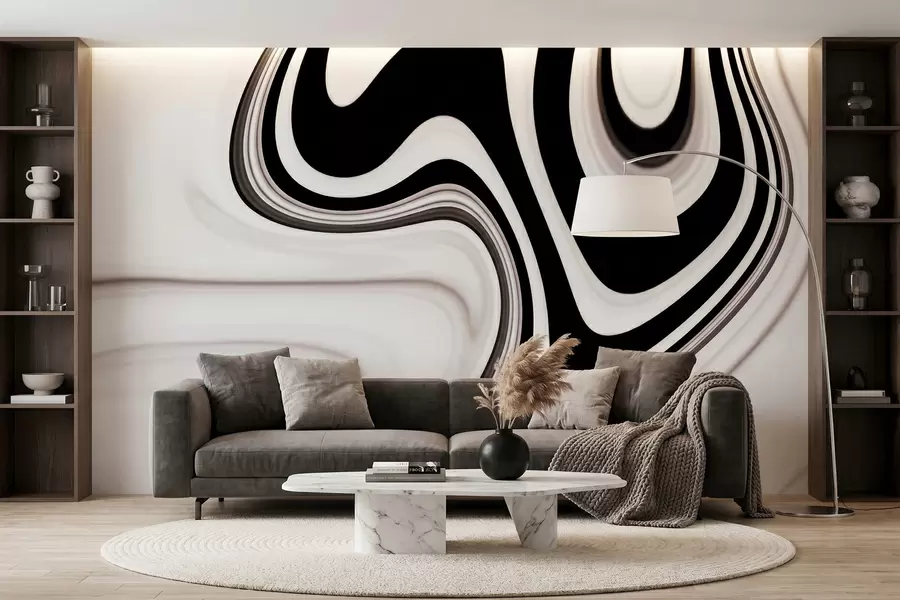 murais de parede Mural abstrato com ondas fluidas a preto e branco num estilo minimalista moderno w09877