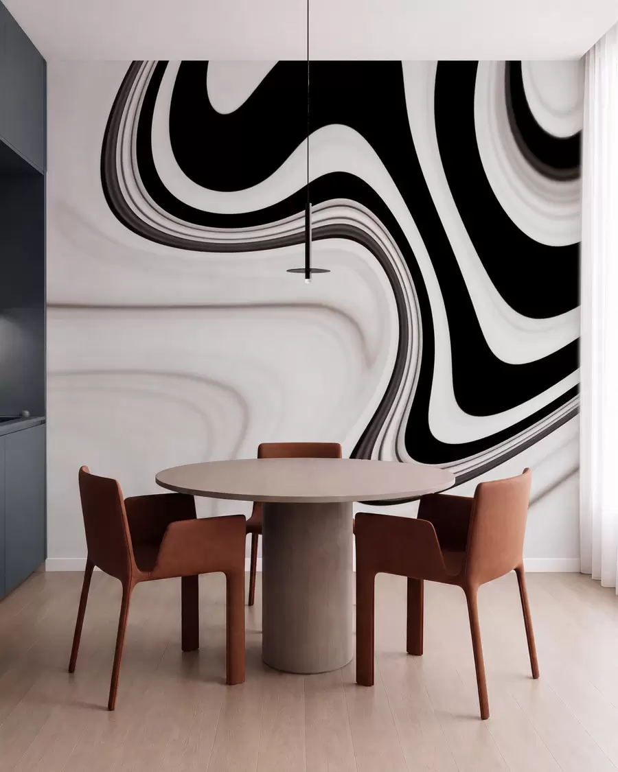 murais de parede Mural abstrato com ondas fluidas a preto e branco num estilo minimalista moderno w09877